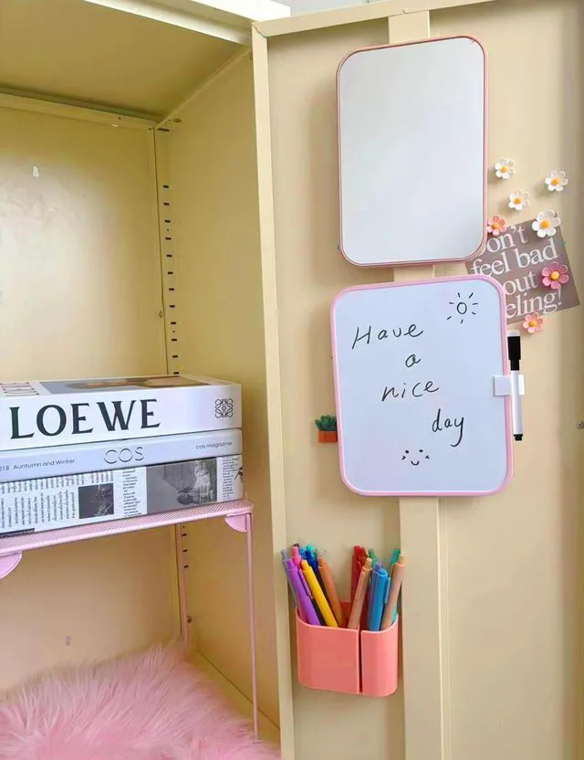 Alt view image 5 of 7 - 14 Pcs Pink Locker Accessories Kit with Locker Shelf Locker Organizer for Girls, Magnetic Whiteboard Mirror Rug String Light Pen Holder Flower Magnets, Back to School Kit for Locker Decor Office