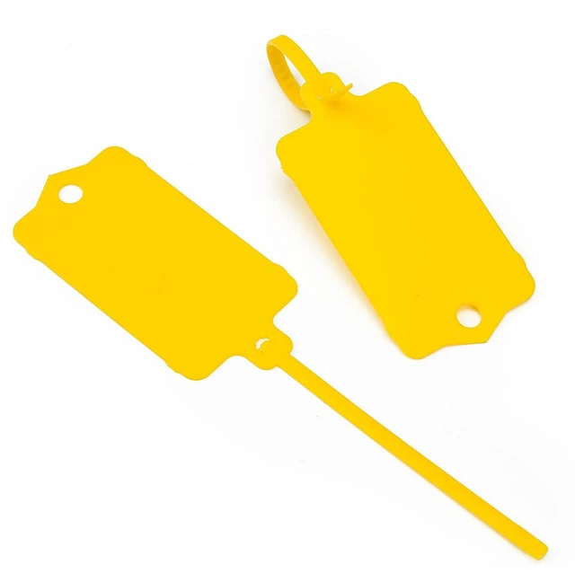 Alt view image 2 of 7 - 100pcs Blank Plastic Tags for Labeling Reusable Hanging Tags Ties Key Tag Storage Labels Waterproof Plastic Mark Label Writable Hang Sign with One Marker Pen (Yellow) (Pack of 2)