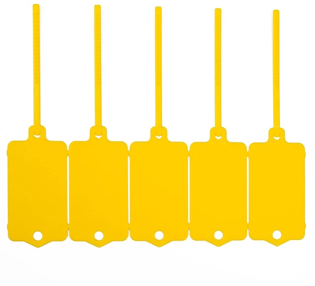 Alt view image 7 of 7 - 100pcs Blank Plastic Tags for Labeling Reusable Hanging Tags Ties Key Tag Storage Labels Waterproof Plastic Mark Label Writable Hang Sign with One Marker Pen (Yellow) (Pack of 2)