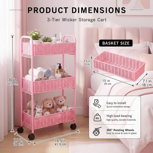 Alt view image 2 of 7 - Utility Slim Storage Cart,3-Tier Rolling Kitchen Office Laundry Room Cart with Wheels,Mobile Shelving Unit Organizer for Living Room,Bathroom, Baby Diaper,Art,Dining Room Narrow Places