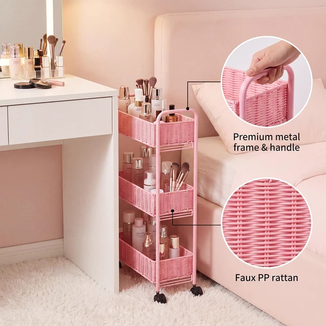 Alt view image 5 of 7 - Utility Slim Storage Cart,3-Tier Rolling Kitchen Office Laundry Room Cart with Wheels,Mobile Shelving Unit Organizer for Living Room,Bathroom, Baby Diaper,Art,Dining Room Narrow Places