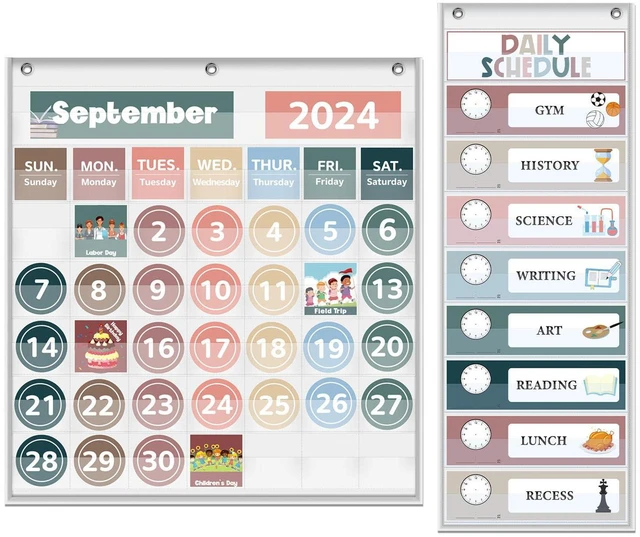 Main image of Monthly Classroom Calendar Pocket Chart (White Calendar+Schedule) Printed Days of The Week with CardsLearning for Home or Kindergarten, Teacher Must Have Supplies That Fits Any School Décor