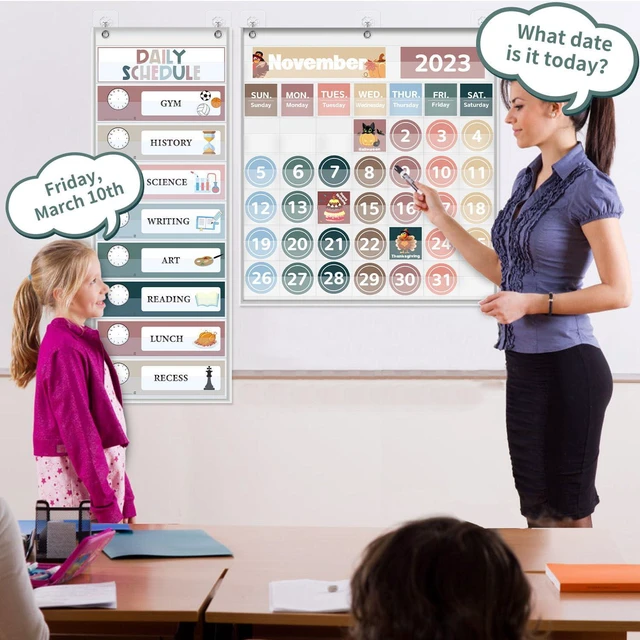 Alt view image 2 of 6 - Monthly Classroom Calendar Pocket Chart (White Calendar+Schedule) Printed Days of The Week with CardsLearning for Home or Kindergarten, Teacher Must Have Supplies That Fits Any School Décor