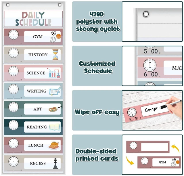 Alt view image 4 of 6 - Monthly Classroom Calendar Pocket Chart (White Calendar+Schedule) Printed Days of The Week with CardsLearning for Home or Kindergarten, Teacher Must Have Supplies That Fits Any School Décor