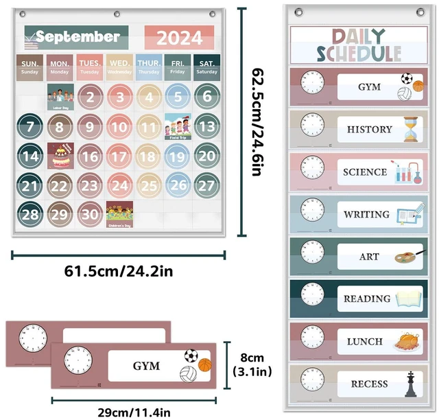 Alt view image 6 of 6 - Monthly Classroom Calendar Pocket Chart (White Calendar+Schedule) Printed Days of The Week with CardsLearning for Home or Kindergarten, Teacher Must Have Supplies That Fits Any School Décor