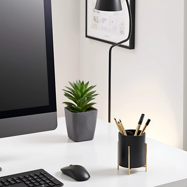 Alt view image 2 of 6 - Sturdy Pen Holder Simple and elegant for Desk Matte Pencil Holder Ceramic Cute Desktop Organizer Brush Holder Cup (Black and Gold Plated)