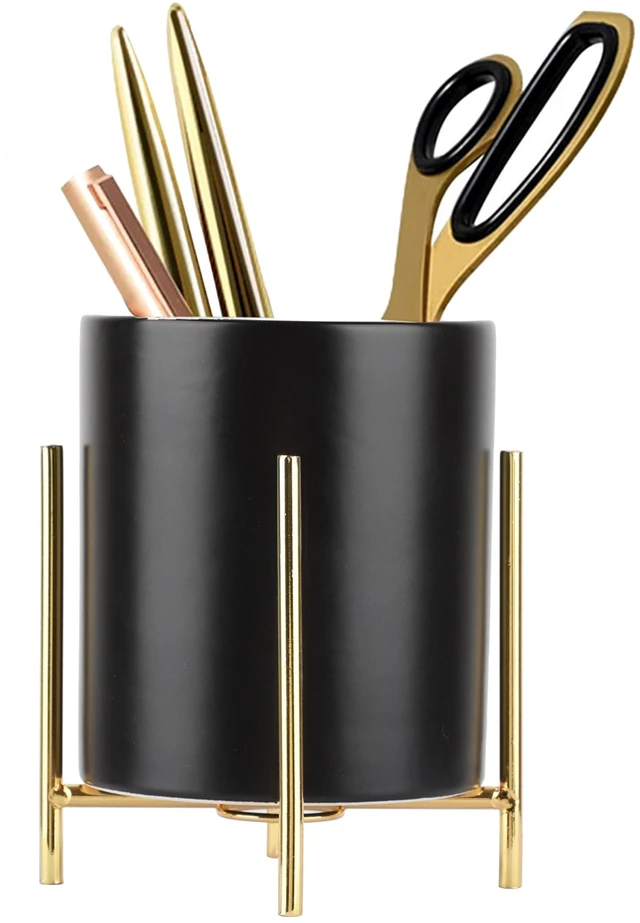 Main image of Sturdy Pen Holder Simple and elegant for Desk Matte Pencil Holder Ceramic Cute Desktop Organizer Brush Holder Cup (Black and Gold Plated)