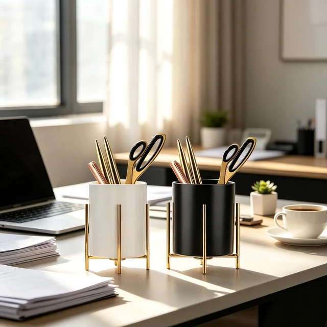 Alt view image 3 of 6 - Sturdy Pen Holder Simple and elegant for Desk Matte Pencil Holder Ceramic Cute Desktop Organizer Brush Holder Cup (Black and Gold Plated)