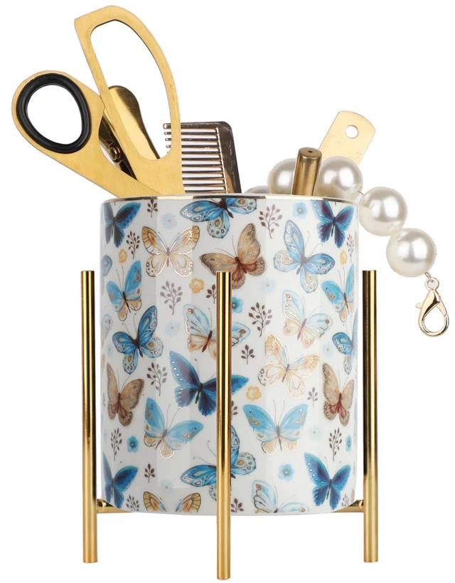 Main image of Pencil Cup Sturdy Metal frame with white Ceramic Pen Holder For Desks and kitchen Appliance Holders