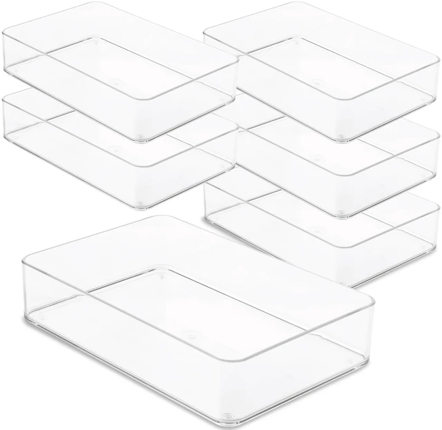 Main image of Plastic Clear Drawer Organizers. Bathroom. Kitchen, Bedroom, Utensils, Office Organizer Bins, Storage Trays. Stackable. 9" x 6" x 2" Set of 6