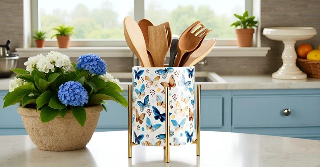 Alt view image 5 of 7 - Pencil Cup Sturdy Metal frame with white Ceramic Pen Holder For Desks and kitchen Appliance Holders