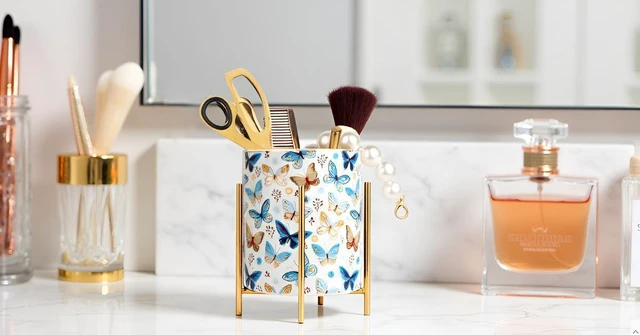 Alt view image 3 of 7 - Pencil Cup Sturdy Metal frame with white Ceramic Pen Holder For Desks and kitchen Appliance Holders