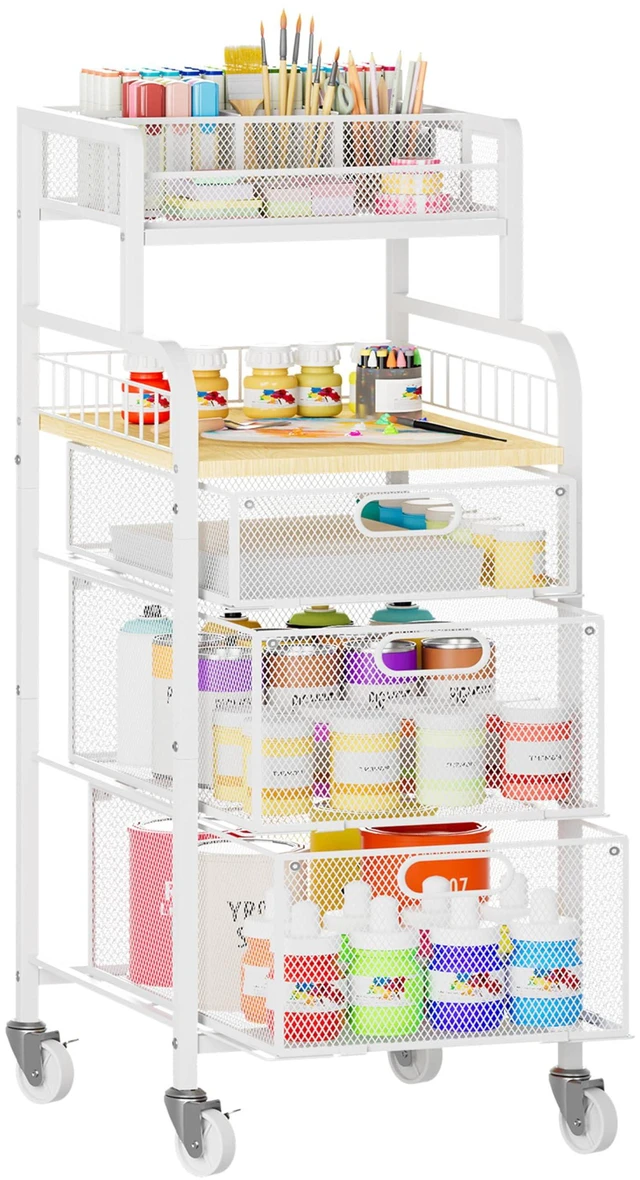 Main image of Rolling Cart with Drawers - Metal Craft Cart with Wheels, DIY Divider and Wood Shelf, Art Supply Organizer Craft Organizer and Storage, Utility Storage Cart for Home Office Studio, White