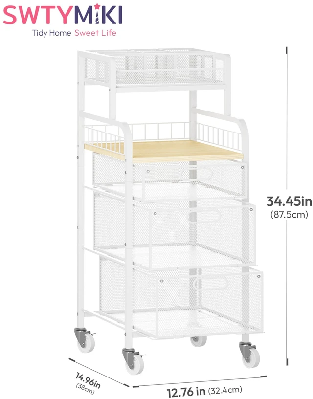 Alt view image 3 of 7 - Rolling Cart with Drawers - Metal Craft Cart with Wheels, DIY Divider and Wood Shelf, Art Supply Organizer Craft Organizer and Storage, Utility Storage Cart for Home Office Studio, White