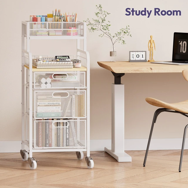 Alt view image 4 of 7 - Rolling Cart with Drawers - Metal Craft Cart with Wheels, DIY Divider and Wood Shelf, Art Supply Organizer Craft Organizer and Storage, Utility Storage Cart for Home Office Studio, White