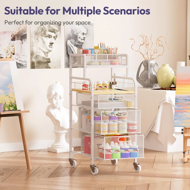 Alt view image 7 of 7 - Rolling Cart with Drawers - Metal Craft Cart with Wheels, DIY Divider and Wood Shelf, Art Supply Organizer Craft Organizer and Storage, Utility Storage Cart for Home Office Studio, White