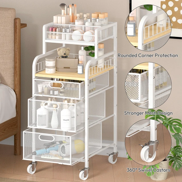 Alt view image 5 of 7 - Rolling Cart with Drawers - Metal Craft Cart with Wheels, DIY Divider and Wood Shelf, Art Supply Organizer Craft Organizer and Storage, Utility Storage Cart for Home Office Studio, White
