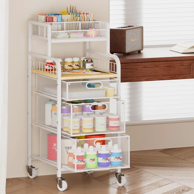 Alt view image 2 of 7 - Rolling Cart with Drawers - Metal Craft Cart with Wheels, DIY Divider and Wood Shelf, Art Supply Organizer Craft Organizer and Storage, Utility Storage Cart for Home Office Studio, White