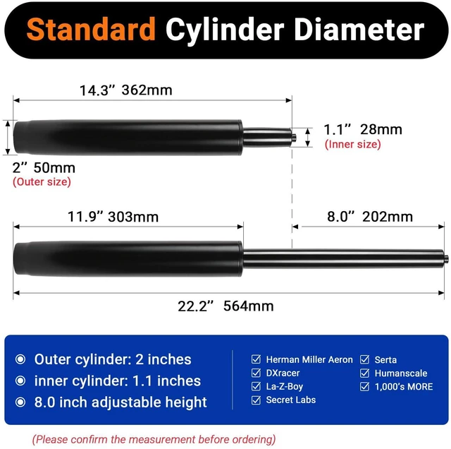Alt view image 2 of 7 - 14 Inches-22 Inches Extra Long Office Chair Cylinder Replacement Heavy Duty 1000lbs Class 4 Hydraulic Lift, Universal Pneumatic Piston Fit for Sinking Desk/Gaming Chairs