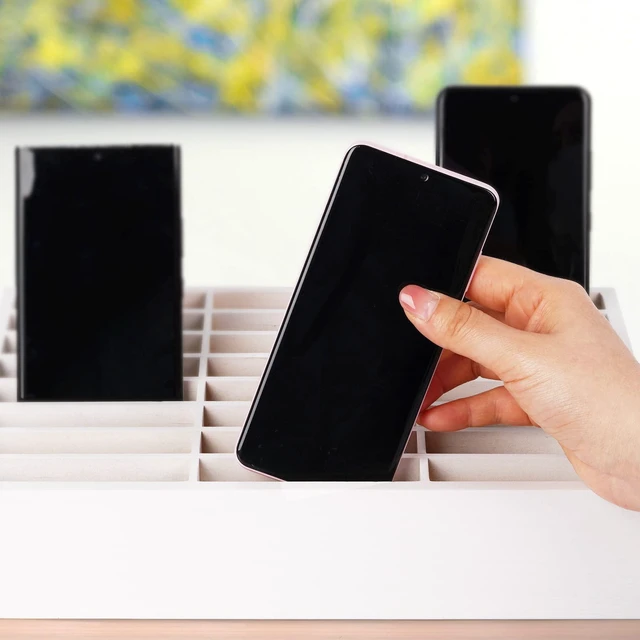 Alt view image 5 of 6 - 24-Grid Wooden Cell Phone Holder Desktop Organizer Storage Box, Cell Phone Rack Display, Phone Caddy Storage for Classroom Office Meeting Room