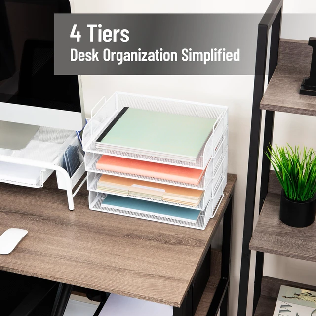 Alt view image 2 of 7 - Stackable Paper Tray, Desktop Organizer, File Storage, Office, Metal Mesh, 4 Pcs., White