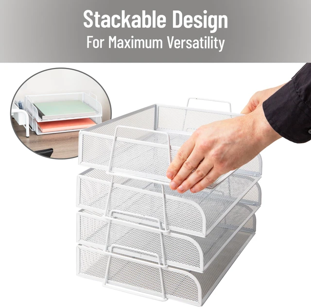 Alt view image 4 of 7 - Stackable Paper Tray, Desktop Organizer, File Storage, Office, Metal Mesh, 4 Pcs., White