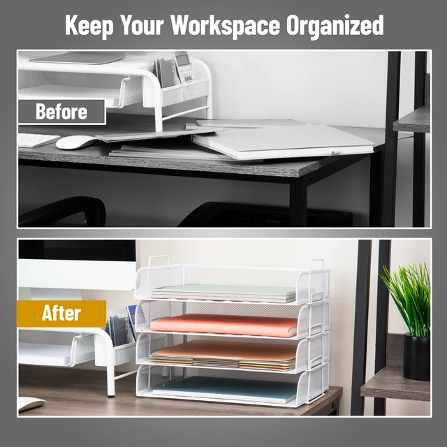Alt view image 5 of 7 - Stackable Paper Tray, Desktop Organizer, File Storage, Office, Metal Mesh, 4 Pcs., White