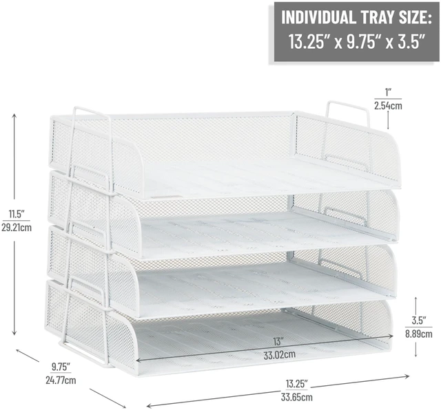 Alt view image 3 of 7 - Stackable Paper Tray, Desktop Organizer, File Storage, Office, Metal Mesh, 4 Pcs., White