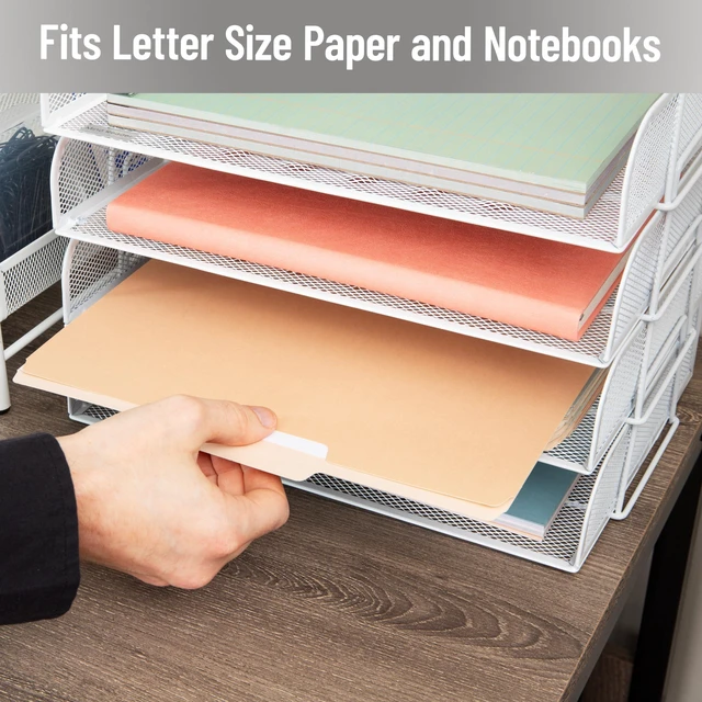 Alt view image 6 of 7 - Stackable Paper Tray, Desktop Organizer, File Storage, Office, Metal Mesh, 4 Pcs., White