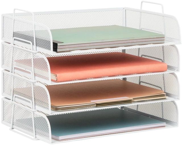 Main image of Stackable Paper Tray, Desktop Organizer, File Storage, Office, Metal Mesh, 4 Pcs., White