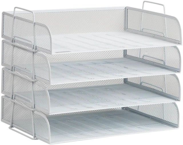 Alt view image 7 of 7 - Stackable Paper Tray, Desktop Organizer, File Storage, Office, Metal Mesh, 4 Pcs., White