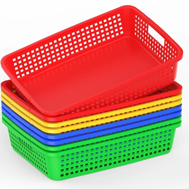 Main image of 8 Pack Classroom Storage Baskets 15''x10''x3'' Large Plastic Paper Trays with Handle Letter Size A4 Paper Toy Basket Turn in Trays for Library Office Desk Drawer Organizing (8, Bright Color)