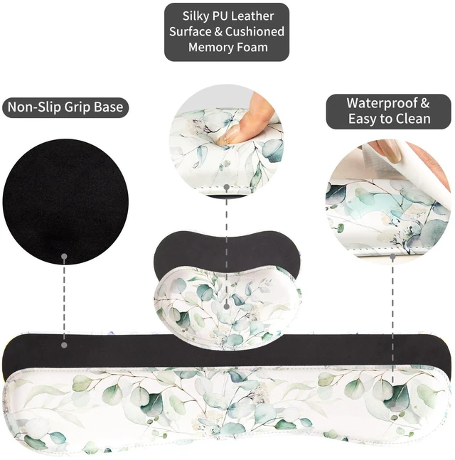 Alt view image 6 of 7 - PU Leather Desk Mat Set, 4-in-1 Ergonomic Wrist Rest, Eucalyptus Waterproof Large Mouse Pad 31.5×15.7 + Keyboard Wrist Rest + Mouse Wrist Support+Coaster, Non-Slip Office Gaming Accessories