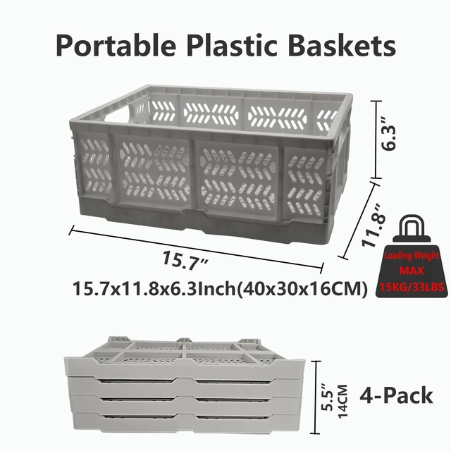 Alt view image 4 of 6 - 20L Folding Crate, 4Pack Plastic Storage Baskets Organizer for Home and Office,Collapsible Storage Crates for Home Office and Outdoor Organizer.(Grey)