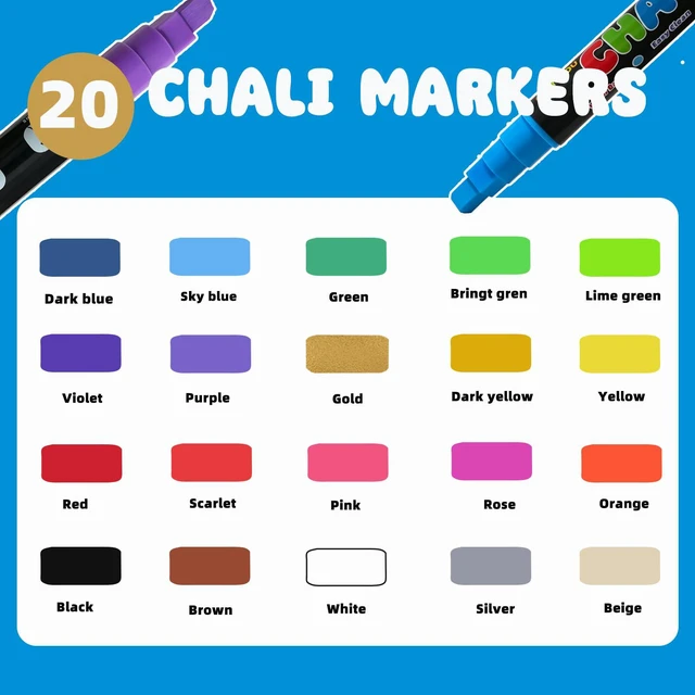 Alt view image 4 of 7 - 20 Colors Chalk Markers,Window Markers for Car Glass Washable Liquid Chalk Pen with 7mm 3 in 1 Nib Wide Tips,erasable Chalkboard Markers for Businesses, Restaurants, Poster,Auto, Mirror
