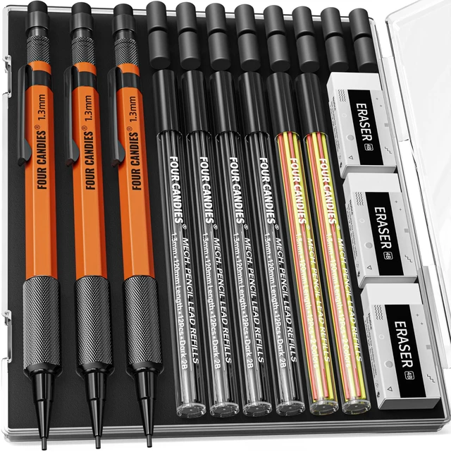 Main image of 3PCS 1.3mm Metal Mechanical Pencil Set with Case (Orange) 72 Refills (Red,Black,Yellow), 3 Erasers, 16 Eraser Refills, Weatherproof Body for Construction Outdoor Woodworking Marking