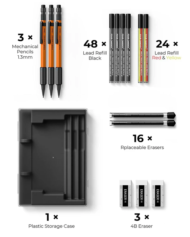 Alt view image 6 of 7 - 3PCS 1.3mm Metal Mechanical Pencil Set with Case (Orange) 72 Refills (Red,Black,Yellow), 3 Erasers, 16 Eraser Refills, Weatherproof Body for Construction Outdoor Woodworking Marking