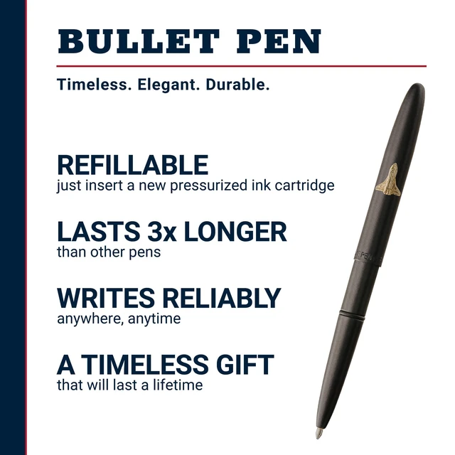 Alt view image 2 of 7 - Space Pen Matte Black Shuttle Emblem Pressurized Ballpoint Bullet Compact Size, Writes Upside Down and in Extreme Temperatures, Smooth Black Ink, Medium Point, Made in the USA