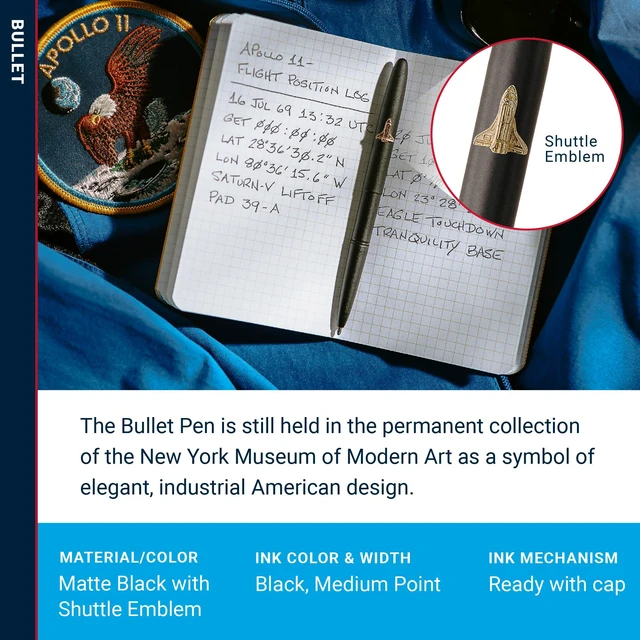 Alt view image 3 of 7 - Space Pen Matte Black Shuttle Emblem Pressurized Ballpoint Bullet Compact Size, Writes Upside Down and in Extreme Temperatures, Smooth Black Ink, Medium Point, Made in the USA