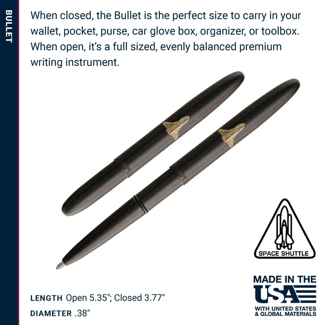 Alt view image 6 of 7 - Space Pen Matte Black Shuttle Emblem Pressurized Ballpoint Bullet Compact Size, Writes Upside Down and in Extreme Temperatures, Smooth Black Ink, Medium Point, Made in the USA
