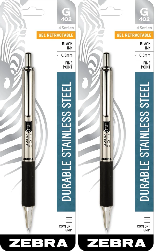 Main image of G-402 Retractable Gel Pen, Stainless Steel Barrel, Fine Point, 0.5mm, Black Ink, 2-Pack