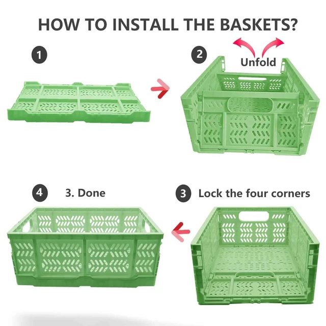 Alt view image 5 of 5 - 20L Folding Crate, 4Pack Plastic Storage Baskets Organizer for Home and Office,Collapsible Storage Crates for Home Office and Outdoor Organizer. (Green)