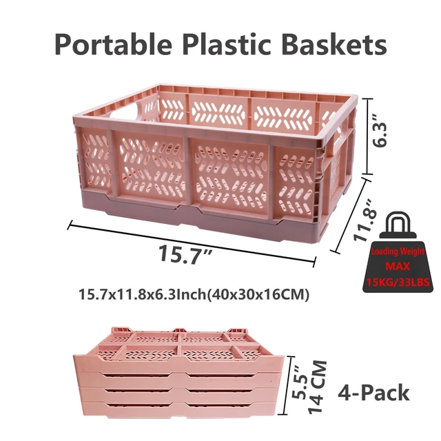 Alt view image 2 of 7 - 20L Foldable Crates, 4Pcs Plastic Crates Baskets for Home Office Storage. Plastic Folding and Collapsible Crates for Chrismas Gifts, Toys Storage. (Light Pink,15.7x11.8 x6.3Inc)