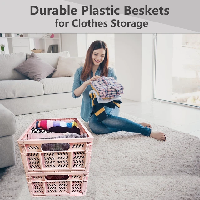 Alt view image 5 of 7 - 20L Foldable Crates, 4Pcs Plastic Crates Baskets for Home Office Storage. Plastic Folding and Collapsible Crates for Chrismas Gifts, Toys Storage. (Light Pink,15.7x11.8 x6.3Inc)