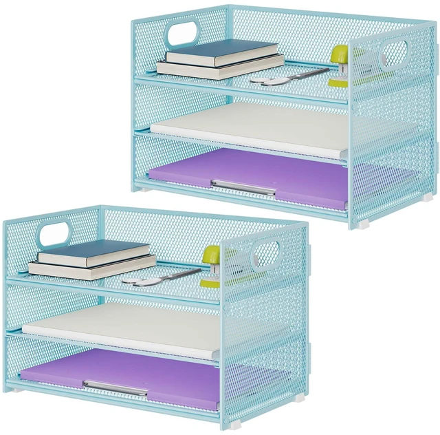 Main image of 3 Tier Paper Organizer Letter Tray, Mesh File Organizer with Handle, Paper Sorter Desk Organizer for Home Office Supplies - 2p Blue