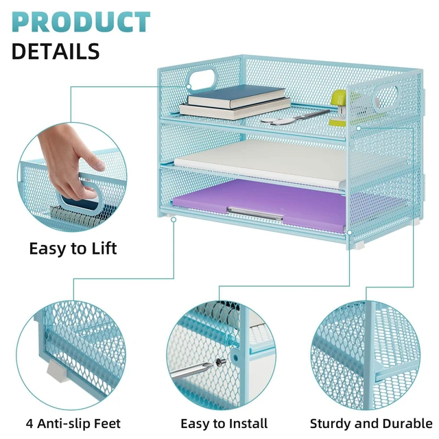 Alt view image 4 of 6 - 3 Tier Paper Organizer Letter Tray, Mesh File Organizer with Handle, Paper Sorter Desk Organizer for Home Office Supplies - 2p Blue
