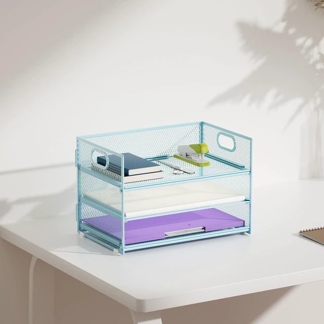 Alt view image 6 of 6 - 3 Tier Paper Organizer Letter Tray, Mesh File Organizer with Handle, Paper Sorter Desk Organizer for Home Office Supplies - 2p Blue