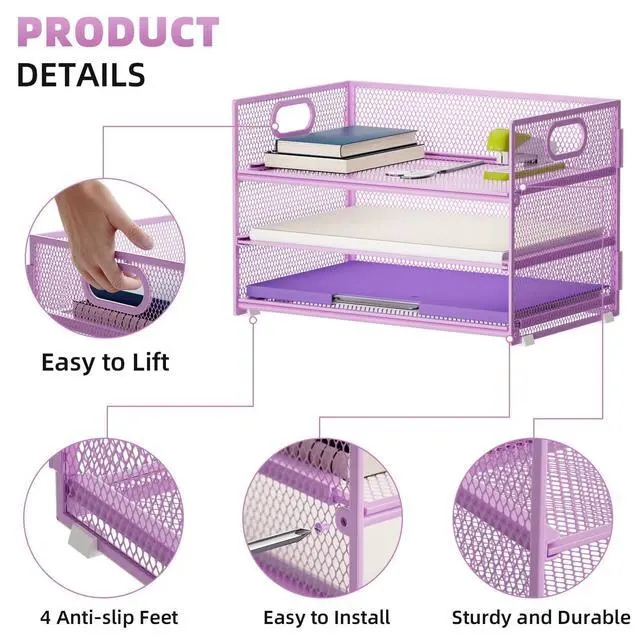 Alt view image 4 of 6 - 3 Tier Paper Organizer Letter Tray, Mesh File Organizer with Handle, Paper Sorter Desk Organizer for Home Office Supplies - 2p Purple