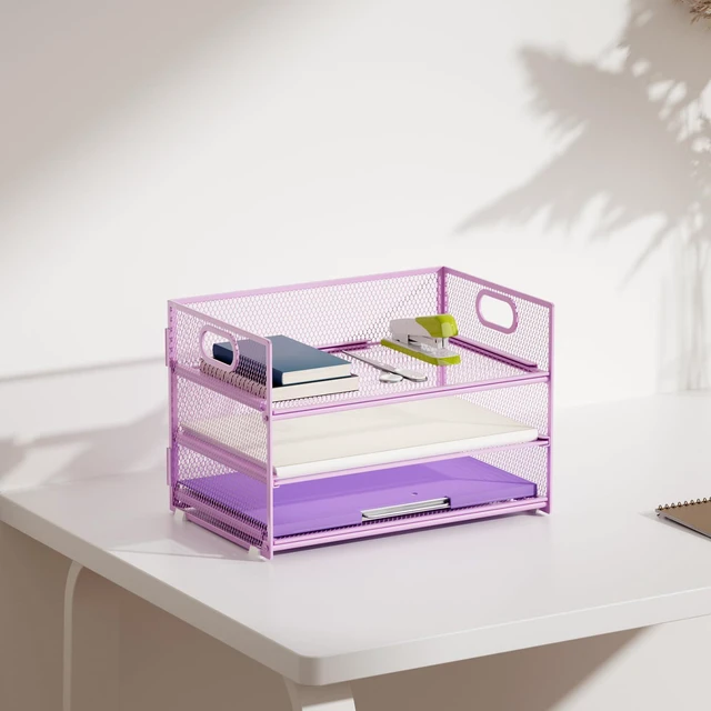 Alt view image 6 of 6 - 3 Tier Paper Organizer Letter Tray, Mesh File Organizer with Handle, Paper Sorter Desk Organizer for Home Office Supplies - 2p Purple