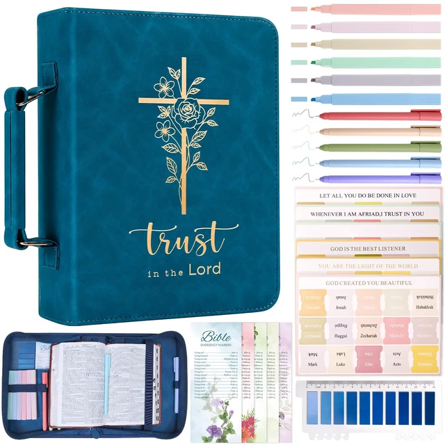 Main image of Bible Cover Case for Women Leather Bible Bag Kit Church Book Holder Blue Journaling Kit Portable Carrying Organizer with Gold-Foiled Cross, Handle, Tabs,Study Supply Christian Gifts for Lady